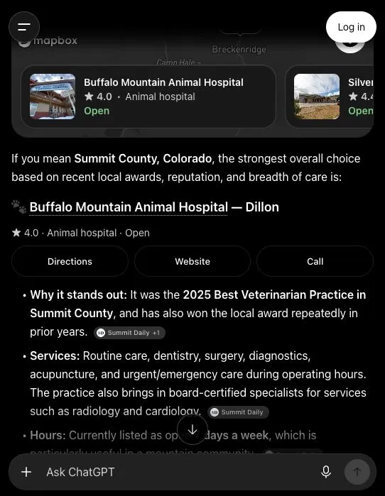 ChatGPT answer naming Buffalo Mountain Animal Hospital and citing a Summit Daily article